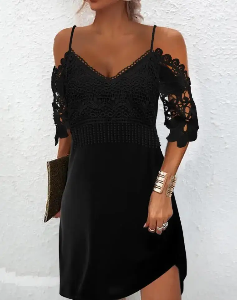 Top Trends: Dresses For Women 2022 Summer Chic Contrast Lace Cold Shoulder Casual Vacation Mini Flared Dress Shoppable Styles