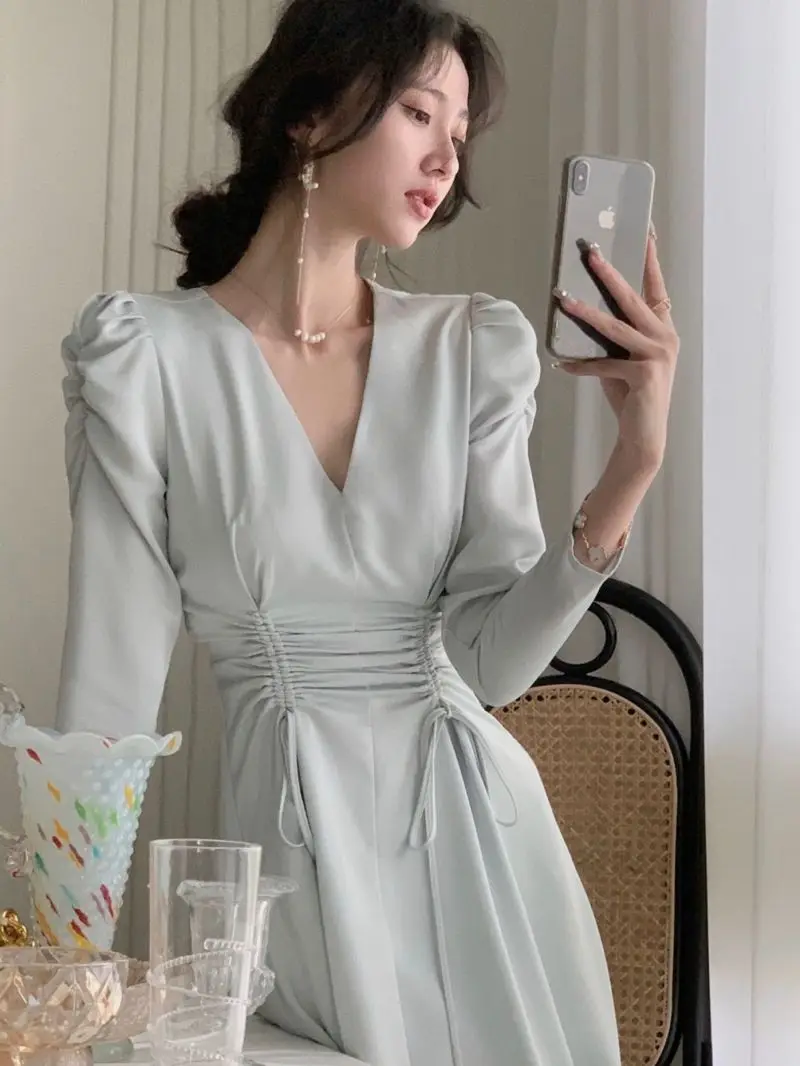 Top Trends: Satin V-neck Long Sleeves Midi Dresses For Women 2023 Autumn New Elegant Party Fashion Slim Vintage Casual Blue Female Clothing Shoppable Styles