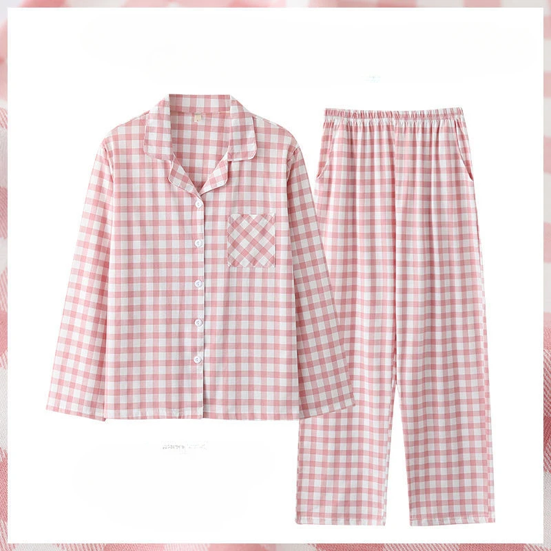 Top Trends: 2023 New Women Pajamas Loose Large Size Cotton Nightclothes Two-Piece Set Fashion Casual Homewear Simple Plaid Long Sleeve Shoppable Styles