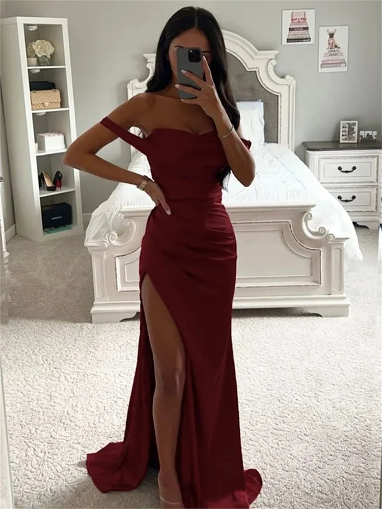 Top Trends: Elegant Sheath / Column Elastic Woven Satin Ruched Off-the-Shoulder Sleeveless Floor Length Backless Sweep / Brush Train Dresses Shoppable Styles - Image 3