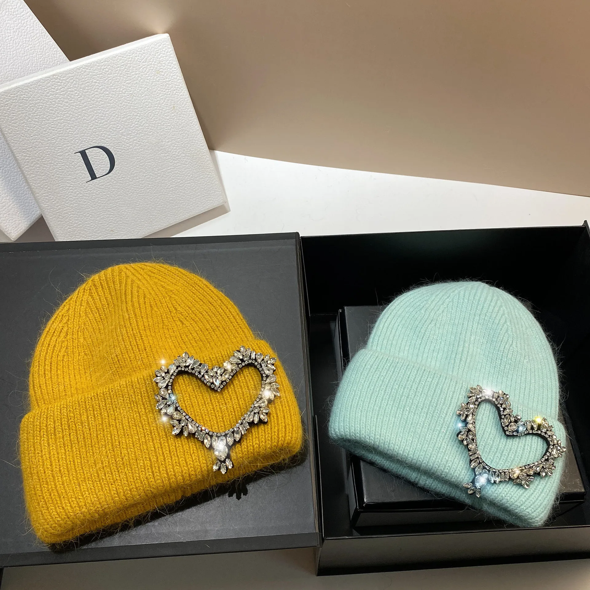 Top Trends: Heart Pattern Rhinestone Winter Knitted Hats For Women Real Rabbit Fur Beanies Caps Tide Brand Lady Warm Walking Beanie Hat Shoppable Styles