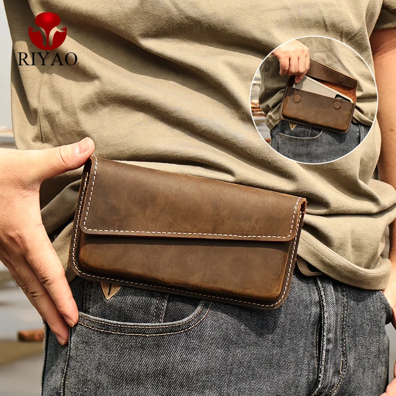 Top Trends: RIYAO Casual Men's Waist Bag For Daily Outdoor Travel Genuine Leather Mobile Phone Belt Case Flip Cover Anti-drop Phone Holster Shoppable Styles