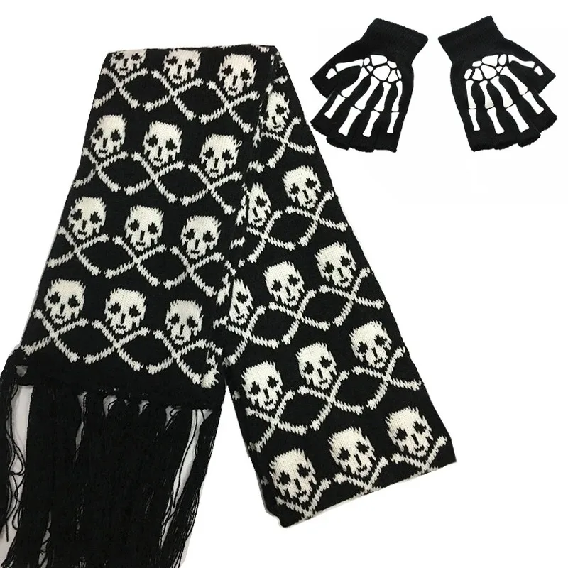 Top Trends: Fashion Skull Knitted Women Men Winter Scarf Skeleton Scarves Party Wraps With Black Fringe Luminous Skull Gloves Shoppable Styles