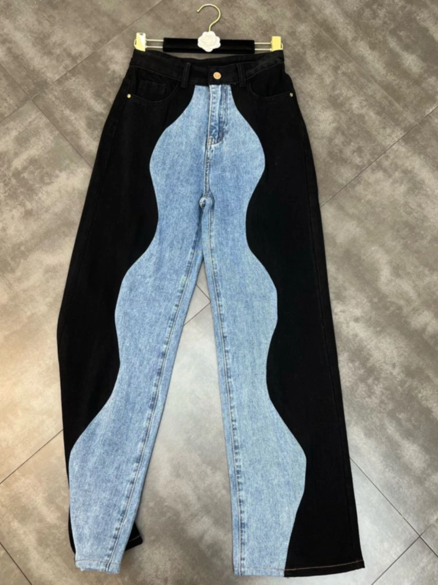 Top Trends: 2023 Autumn Summer New Arrivals Blue Denim Patchwork Long Pants Women Cotton Stretch Blue Full Length Jeans Streetwear Trousers Shoppable Styles