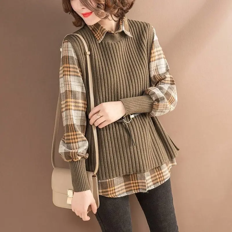 Top Trends: Fashion Lapel Spliced Knitted Fake Two Pie Lattice Shirt Women Clothing 2022 Autumn All-match Casual Tops Loose Korean Blouse Shoppable Styles