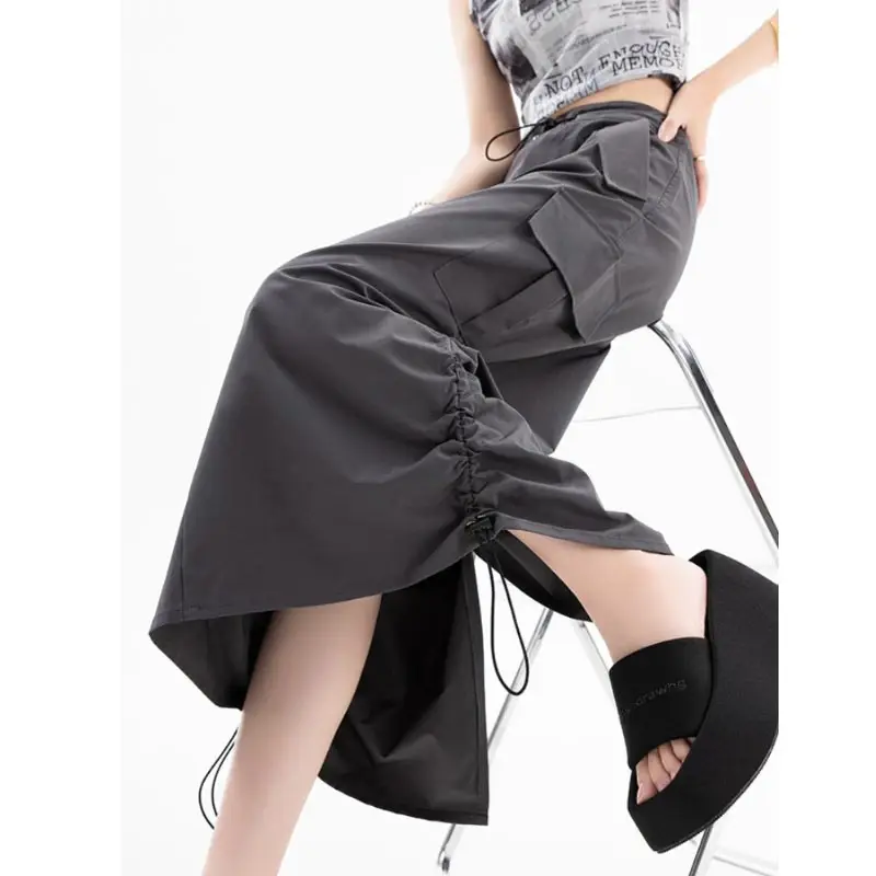 Top Trends: American Retro Cargo Skirt For Women Summer Slit Design Drawstring High Waist Mid-length Skirt Y2k Streetwear Fashion Clothing Shoppable Styles - Image 5