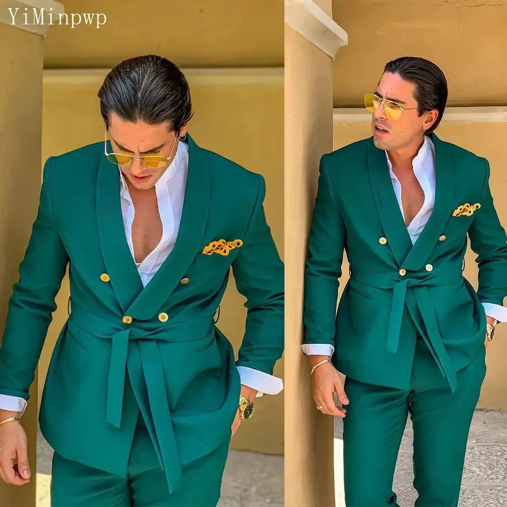 Top Trends: Designer Green Suits For Men 2 Piece Blazer Sets Double Breasted Belt Wedding Party Travel Suit Trajes De Hombre Jacket+ Pants Shoppable Styles