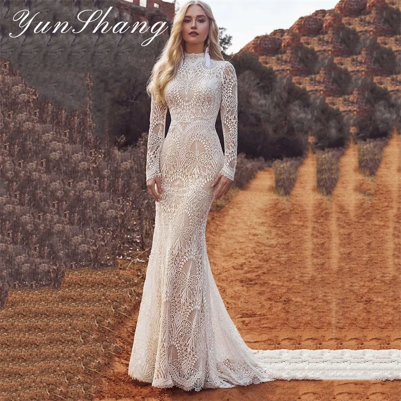 Top Trends: Yunshang Elegant Mermaid Wedding Dresses Women Lace Open Back Long Sleeve Bridal Gown High Collar Sweep Train Vestidos De Novia Shoppable Styles