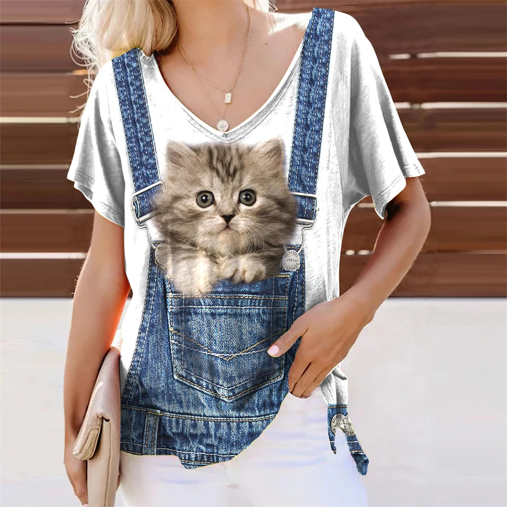 Top Trends: Summer Women's T-shirt 3d Cute Cat Prin Tops Fashion Daily V-Neck Female Clothes Streetwear Oversize T-Shirts For Woman Clothing Shoppable Styles