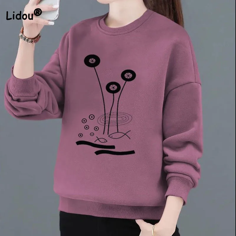 Top Trends: Autumn Winter Fashion Women's Thick Printed Round Neck Sweatshirts Casual Long Sleeve All-match Pullovers Tops Female Clothing Shoppable Styles