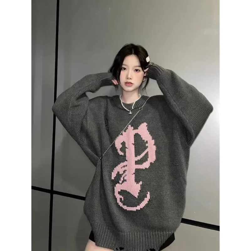 Top Trends: Deeptown Gothic Y2K Grey Sweater Women Grunge Harajuku Oversize Distressed Pullover Jerseys Kpop Hippie Streetwear Knitted Tops Shoppable Styles