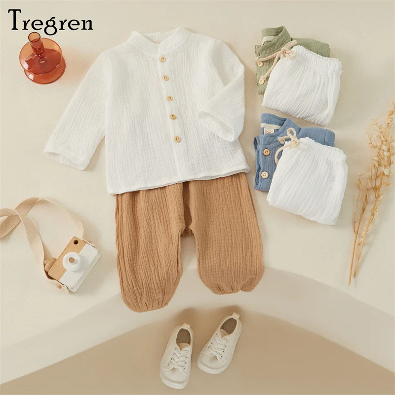 Top Trends: Tregren Kids Boy Cotton Linen Clothes Solid Color Buttons Long Sleeve Shirt Tops Elastic Waist Long Pants 2Pcs Set Fall Outfits Shoppable Styles