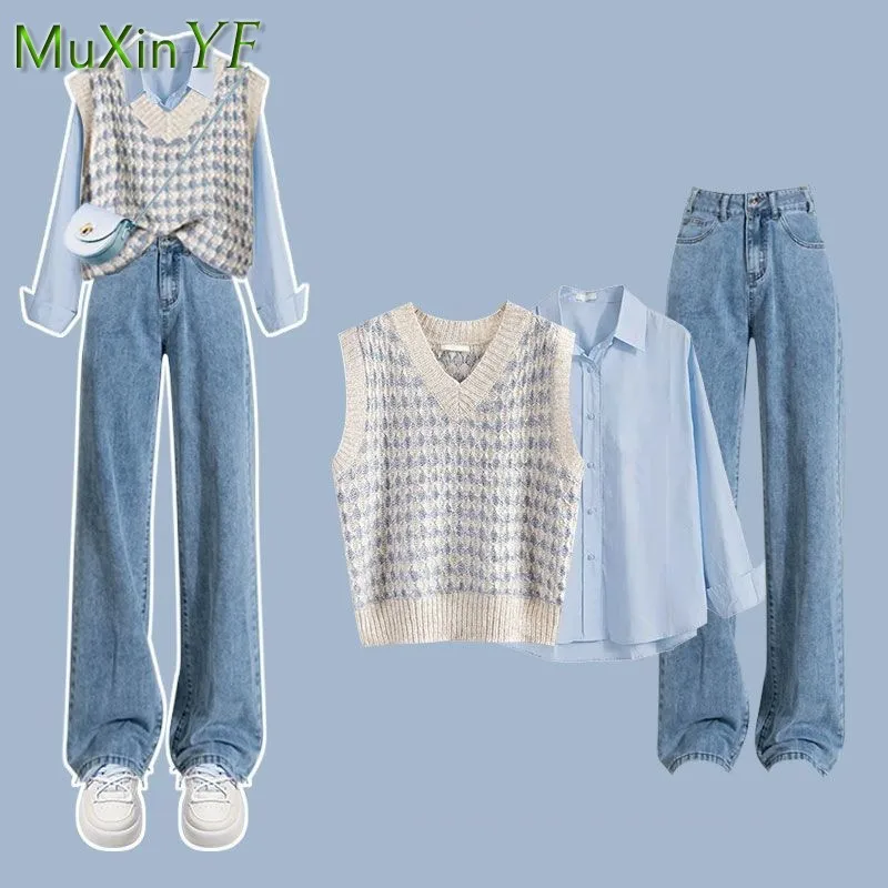 Top Trends: 2023 Autumn / Winter New In Matching Set Women&#039;s Fashion Knitted Vest+ Shirt+ Jeans 3 Piece Korean Elegant Blouse Denim Pants Suit Shoppable Styles