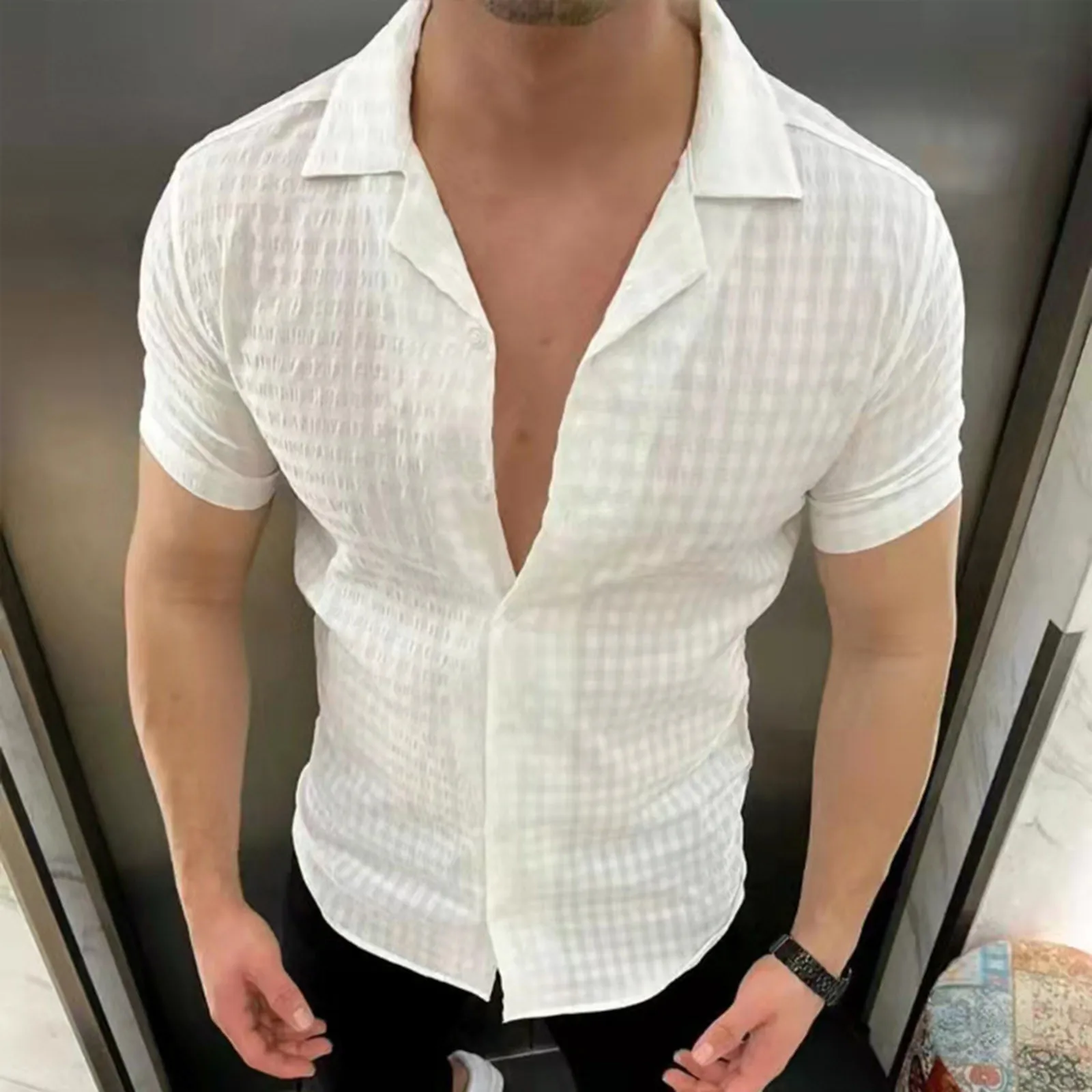 Top Trends: 2023 Summer Men Short Sleeve Shirts Solid Color Hawaiian Style Casual Lapel Slim Fit Buttons Shirts Social Dress Blouse Male Top Shoppable Styles - Image 3