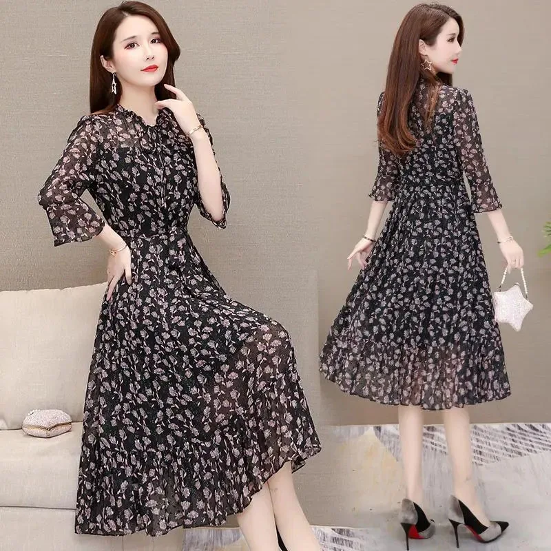 Top Trends: Summer Boho Chiffon Midi Dress Women 3 / 4 Sleeve Floral Vestidos Korean Slim A-line Dresses Big Size Casual Robe Elegant Elbise Shoppable Styles - Image 4