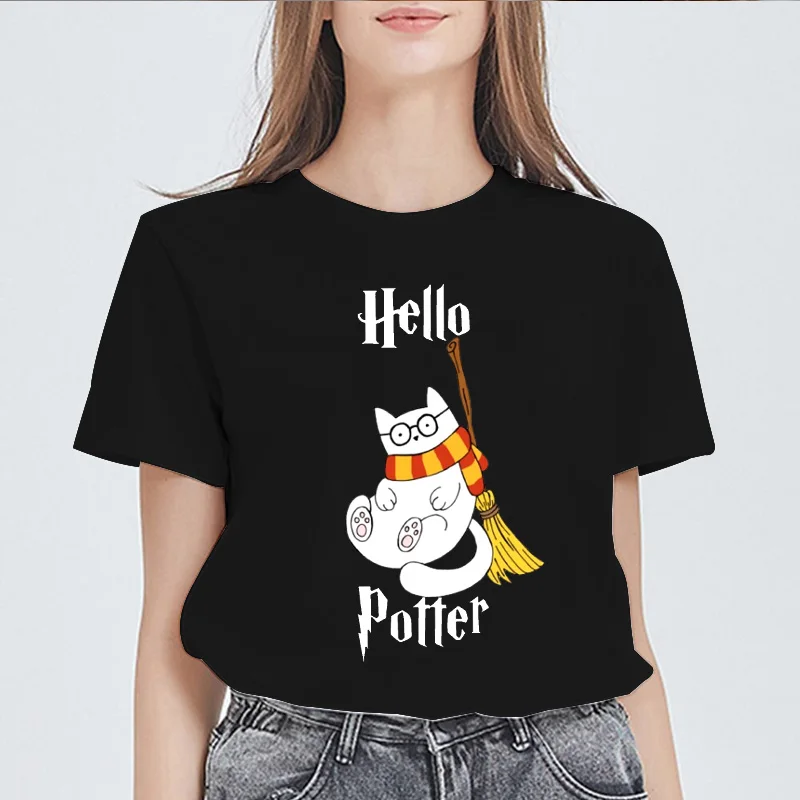 Top Trends: Women T-shirt 2022 Cartoon Potter Cats Summer Print Lady T-shirts Tops Kawaii Clothing Short Sleeve Graphic Female Tee T-Shirt Shoppable Styles