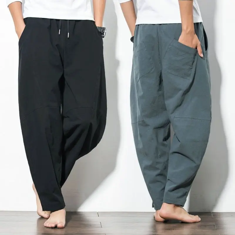 Top Trends: Fashion Men Oversized Linen Wide Pants Spring Autumn Koreon Vintage Streetwear Male Elastic Waist Casual Big Size Solid Trousers Shoppable Styles