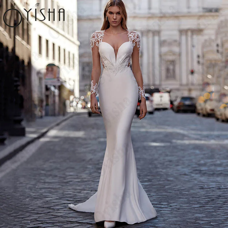 Top Trends: Oyisha Charming V-Neck Mermaid Vestido Novia Long Sleeves LacevAppliques Wedding Dresses Open Back Satin Bride Party Custom Made Shoppable Styles