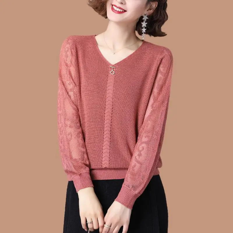 Top Trends: Women&#039;s Clothing Lace Knitted Sweaters Casual V-Neck Stylish Hollow Out Spring Autumn New Loose Long Sleeve Solid Color Jumpers Shoppable Styles