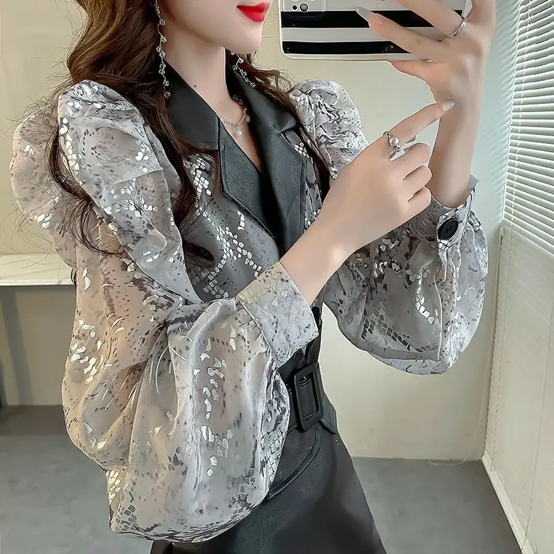 Top Trends: French Style Tailored Collar Shirt Spliced Spring Autumn Fashion Folds Sequined Women's Clothing Commute Double Breasted Blouse Shoppable Styles