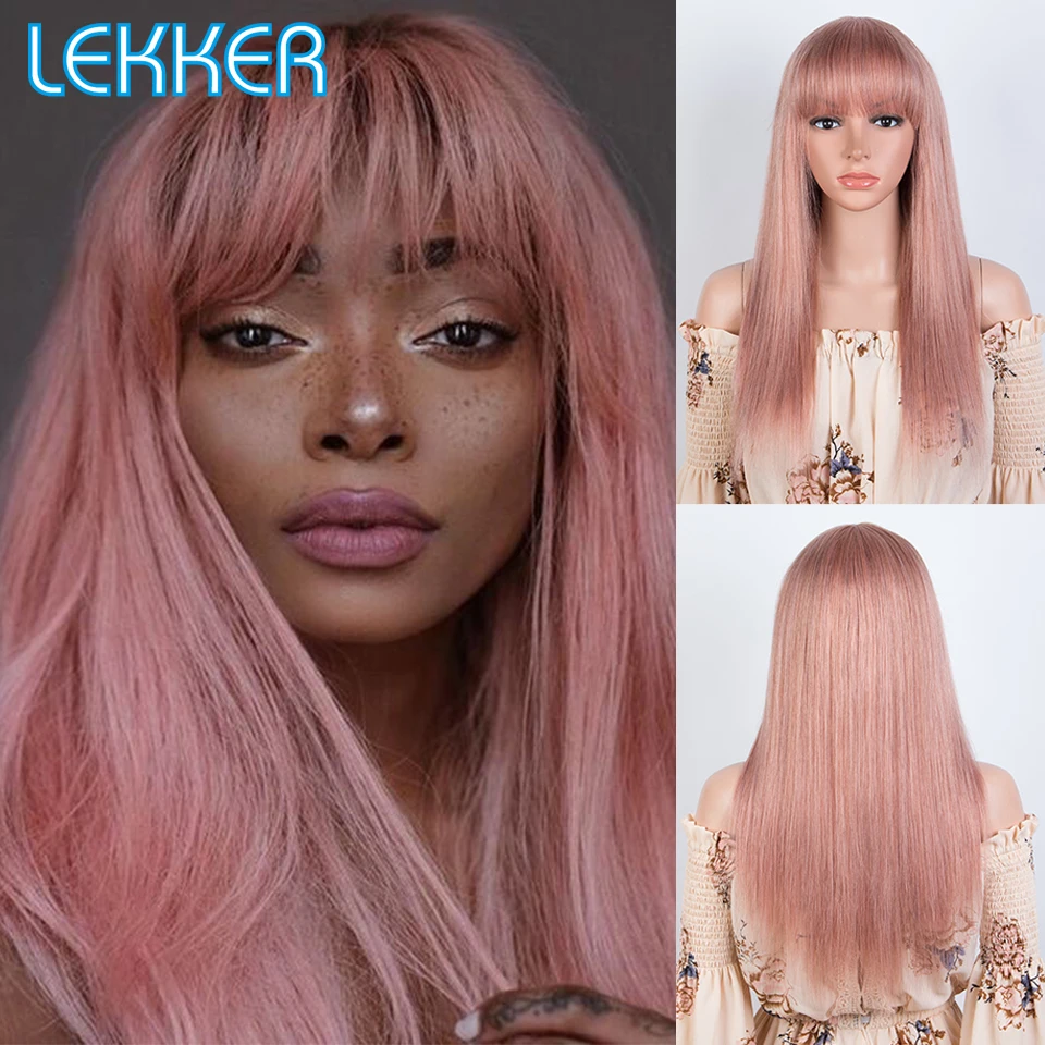 Top Trends: Lekker Wear To Go Rose Pink Bone Straight Human Hair Wigs With Bangs For Women Brazilian Remy Hair Glueless Colored Long Wigs Shoppable Styles