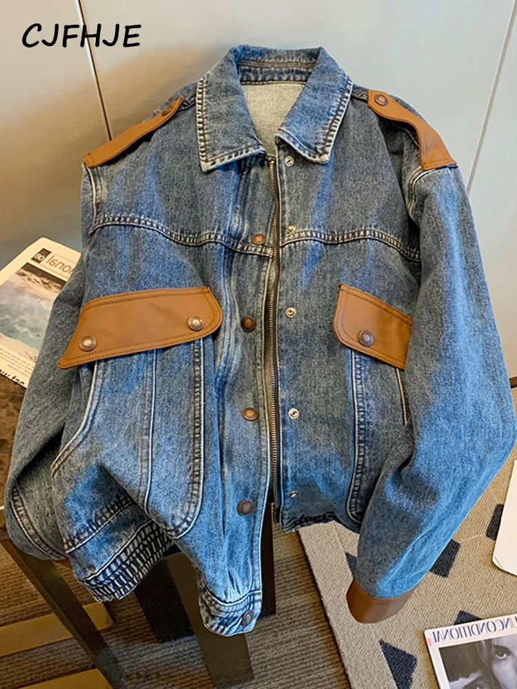 Top Trends: CJFHJE Blue Vintage Patchwork Denim Jacket Women Chicly Fashion Korean Loose Female Jackets Harajuku Zipper Casual Denim Coats Shoppable Styles