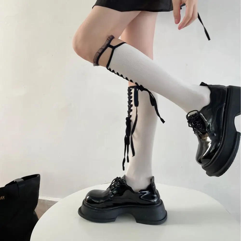 Top Trends: Sweet Cool Girls Middle Tube Socks Breathable Thin Summer Hollow Cross-Tie Cosplay Stocking Ribbon Bow Lace Dark Luoli Tight Shoppable Styles