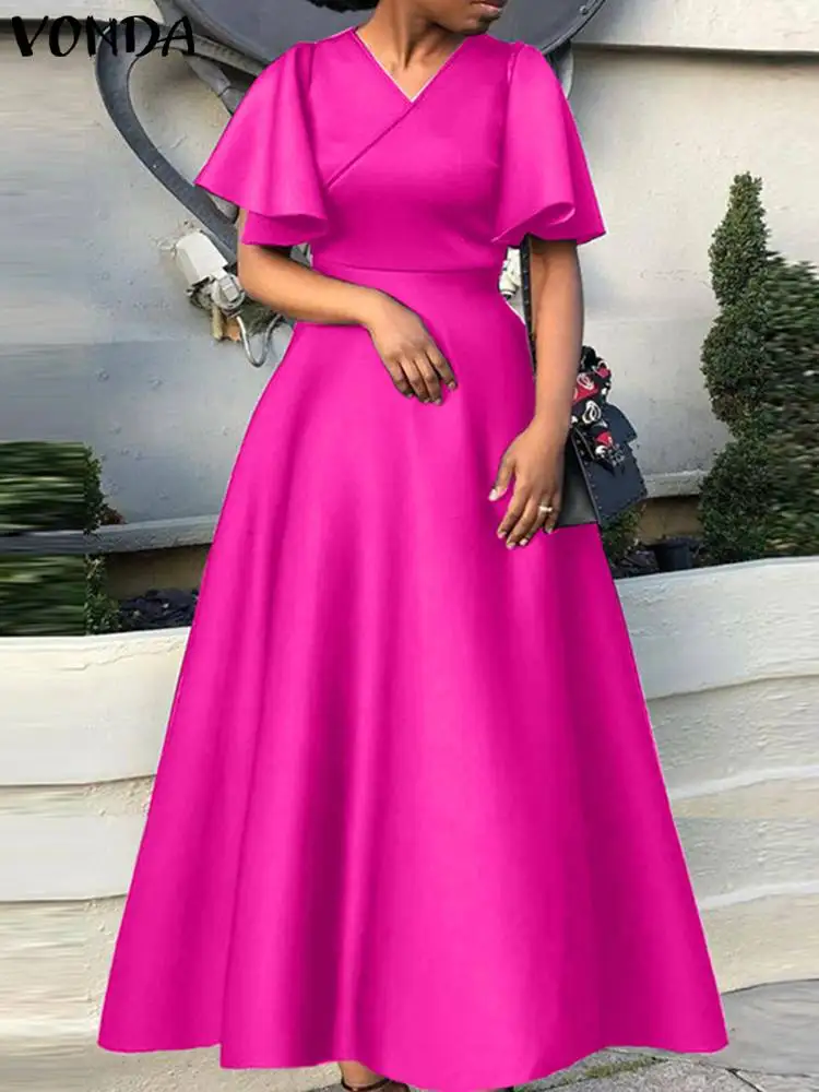 Top Trends: Summer Maxi Long Dress 2023 Women Elegant Wedding Party Sundress VONDA Casual Sexy V-Neck Short Sleeve Satin Solid Color Vestido Shoppable Styles - Image 2