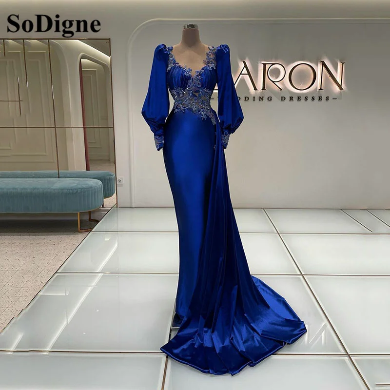 Top Trends: SoDigne Royal Blue Satin Mermaid Evening Dresses 2022 Long Sleeves Applique Lace Prom Gowns Dubai Women Formal Dress Shoppable Styles