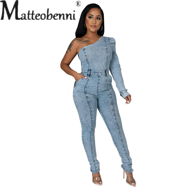 Top Trends: Women's 2023 Autumn Single Sleeved Off Shoulder Slim Fit Jumpsuit Light Blue Jeans Splicing Pocket Casual Denim Clothing Female Shoppable Styles