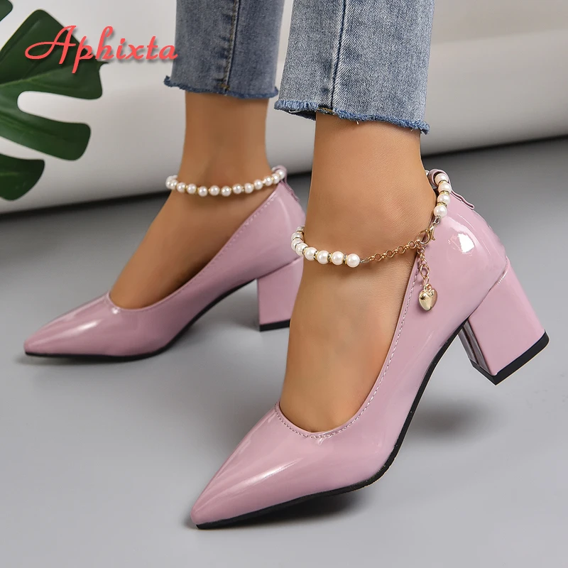 Top Trends: Aphixta 5cm 7cm Chunky Heels Women Pumps Crystals Pearl Chain Ankle Strap Shoes Leisure Fashion Patent Leather Plus Size 30-50 Shoppable Styles - Image 5