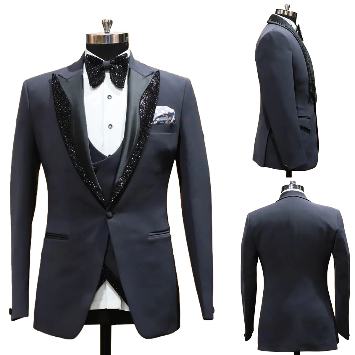 Top Trends: Men's Suit 2 Pieces Blazer Vest One Button Peaked Satin Lapel Sequins Business Slim Fit Formal Work Wedding Groom Costume Homme Shoppable Styles