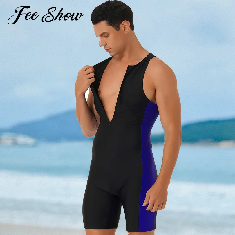 Top Trends: Summer Men One-piece Swimwear Swimsuit Sleeveless Front Zipper Swimming Shorts Bodysuit Triathlon Wetsuit Bathing Suit Beachwear Shoppable Styles