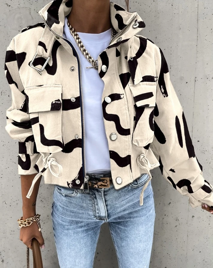 Top Trends: Women's Jacket Abstract Print Long Sleeved Zippered Bicycle Jacket 2024 Spring Latest Stand Collar Button Pocket Daily Jacket Shoppable Styles