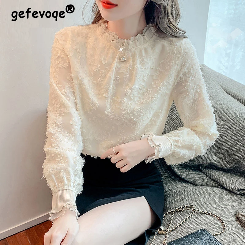 Top Trends: Spring Autumn Temperament Stand Collar Long Sleeve Lace Shirt Femme Elegant Fashion Pullover Top Women Korean Style White Blouse Shoppable Styles