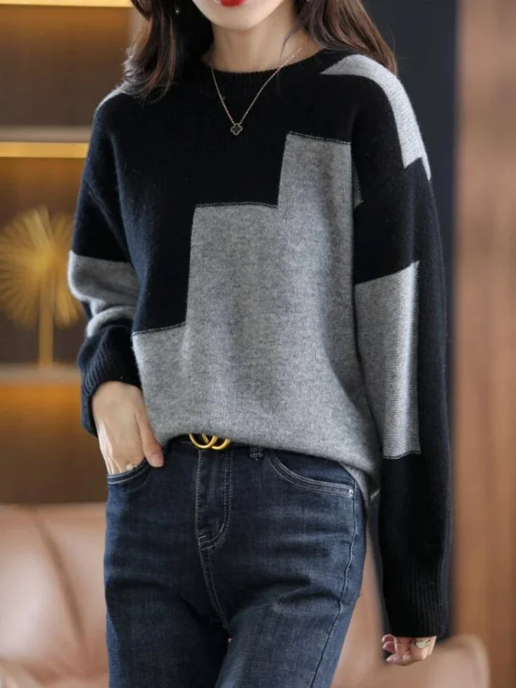 Top Trends: Fashion Women Sweaters 2023 Winter Clothes O-Neck Color Block Knit Long Sleeve Tops Oversized Sweater Women Pullover Knitwears Shoppable Styles