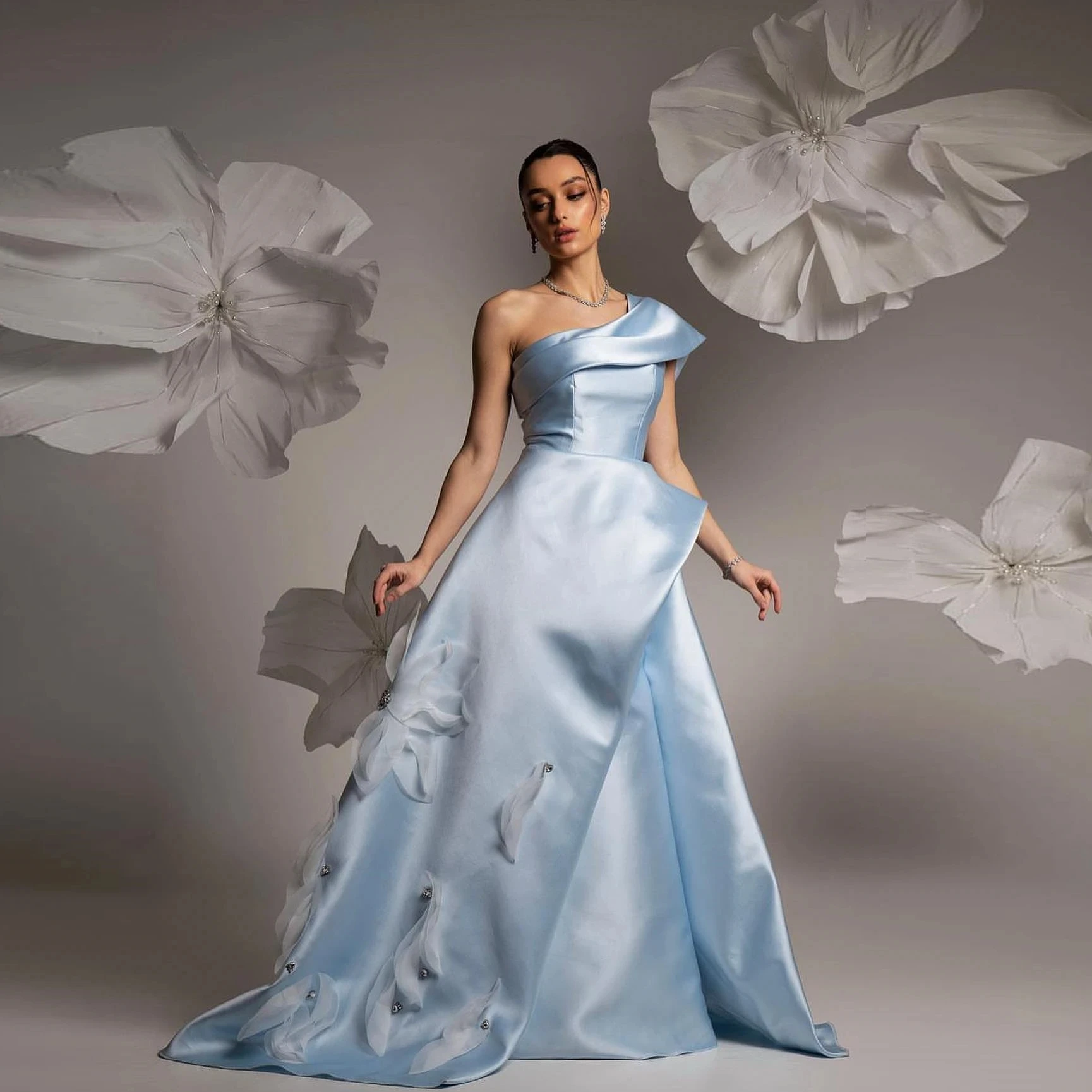 Top Trends: Aileen Blue Satin Elegant Lotus Leaf Flower A Line Women&#039;s Party Dress Woman Graduation Dresses For Prom Bride Formal Wedding Shoppable Styles