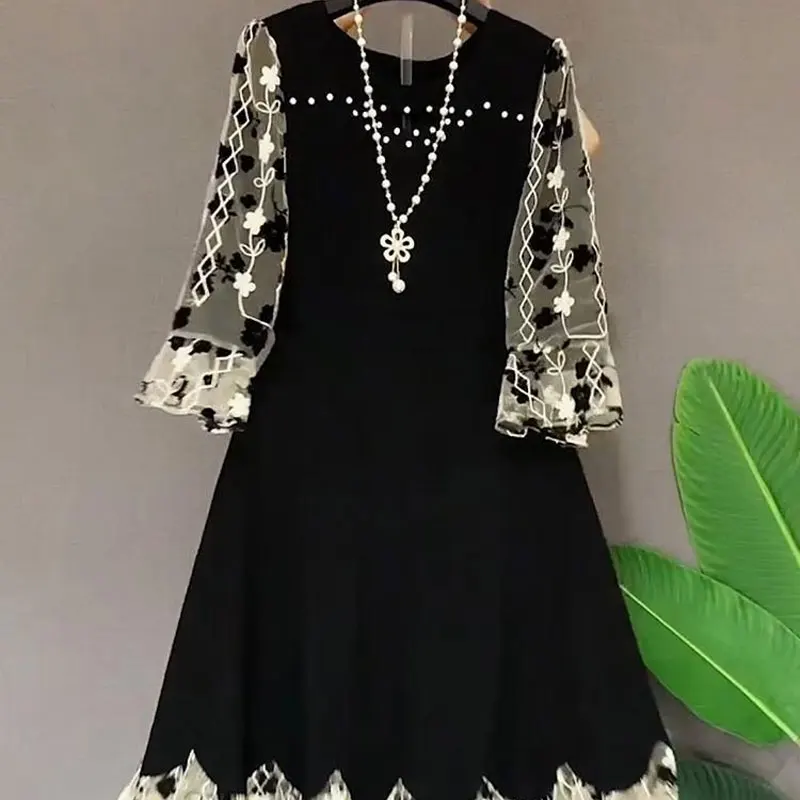 Top Trends: Women's Clothing Broken Flowers Spliced Dresses Fashion Beading Spring Autumn Round Neck Elegant Drawstring A-Line Midi Dress Shoppable Styles - Image 2