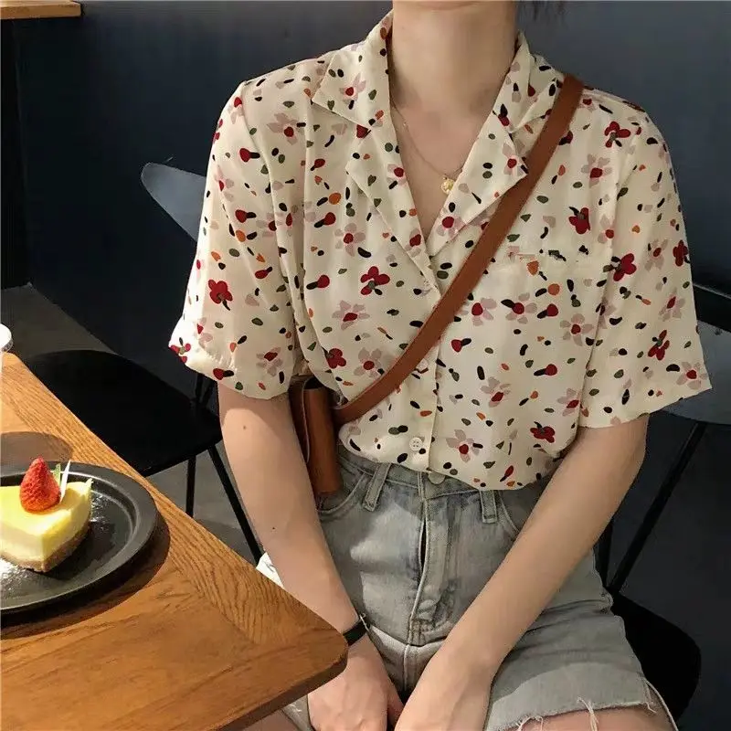 Top Trends: Vintage Floral Shirt Tops Summer New Short Sleeve V Neck Loose Printing Chiffon Blouse Trend Fashion Korean Women Clothing Shoppable Styles