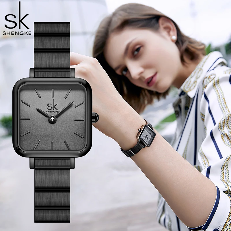 Top Trends: Shengke New Fashion Style Women Watches Black Square Original Woman's Quartz Wristwatches Top Luxury Brand Female Gift Clock Shoppable Styles