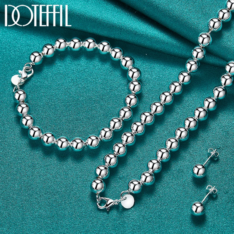 Top Trends: DOTEFFIL 3pcs 925 Sterling Silver 8mm Hollow Bead Ball Earring Bracelet Necklace Set For Woman Wedding Engagement Charm Jewelry Shoppable Styles