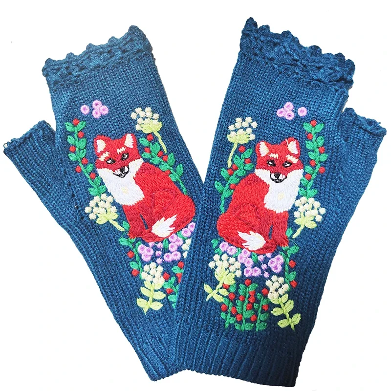 Top Trends: Fashion Women's Autumn Knitted Handmade Embroidery Gloves Embroidered Fox Flowers Mid Long Half Finger Warm Wool Winter Gloves Shoppable Styles