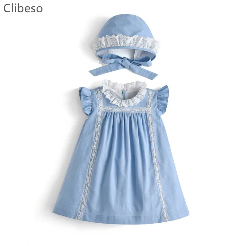 Top Trends: Clibeso Baby Girls Blue Linen Dress Children Spanish Dresses Girl Boutique Birthday Frocks With Hats Birthday Holiday Dress Shoppable Styles