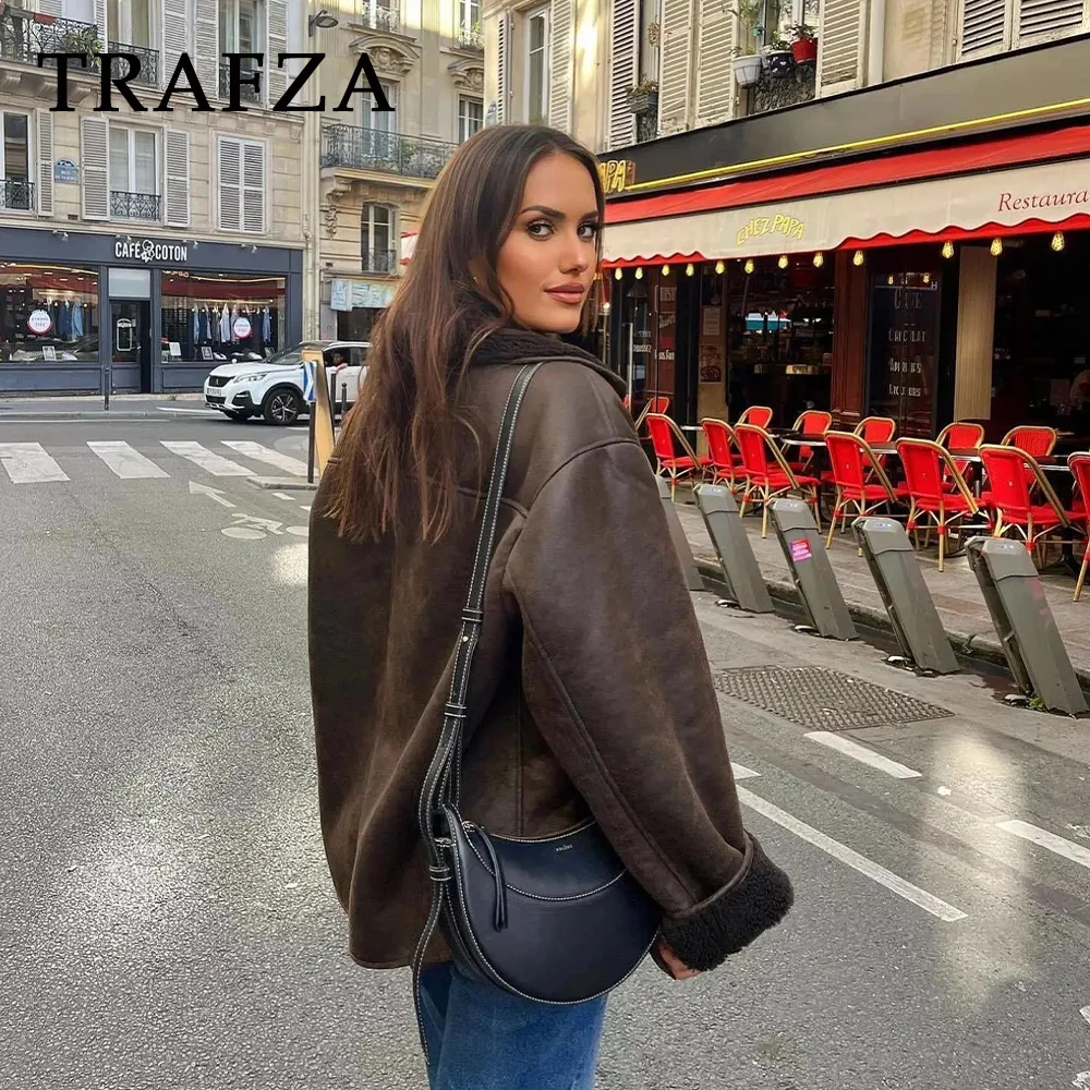 Top Trends: TRAFZA 2023 Autum Winter Vintage Woman Leather Coats Loose Fur Women Jacket Single Breasted Pocket Thick Casual Jackets Parkas Shoppable Styles - Image 5