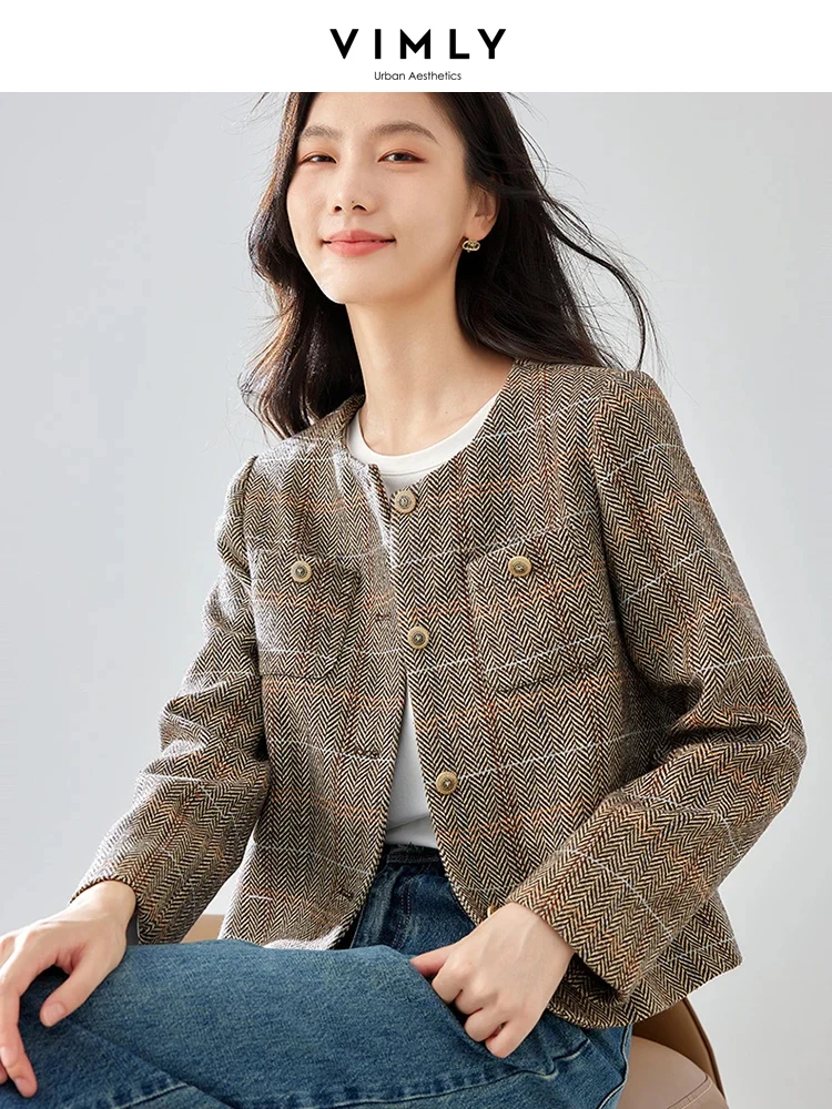 Top Trends: Vimly Vintage Plaid Cropped Jackets For Women 2023 Autumn Winter Female Outerwear Long Sleeve Wide-waisted Short Coats M2936 Shoppable Styles