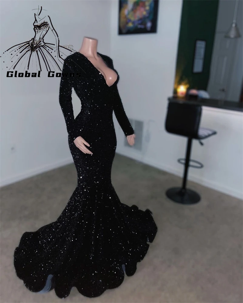 Top Trends: Sexy V Neck Long Prom Dress For Black Girls 2023 Sparkly Sequined Birthday Party Dresses With Full Sleeve Evening Gowns Mermaid Shoppable Styles