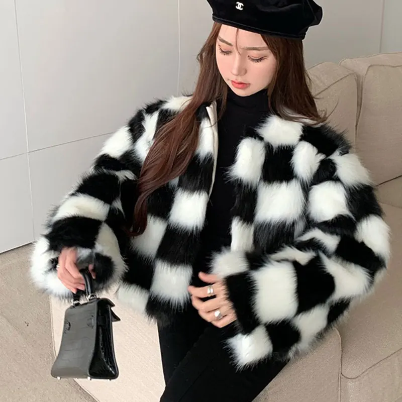 Top Trends: Autumn Faux Fox Fur Chic Woman Winter Furry Cardigan Fleece Tops Checkerboard Bomber Jacket Black White Plaids Coat Flocking Shoppable Styles