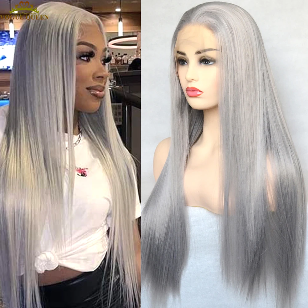 Top Trends: Voguequeen Silver Grey Synthetic Lace Front Wig Long Straight High Temperature Fiber Daily Wear For Women Shoppable Styles