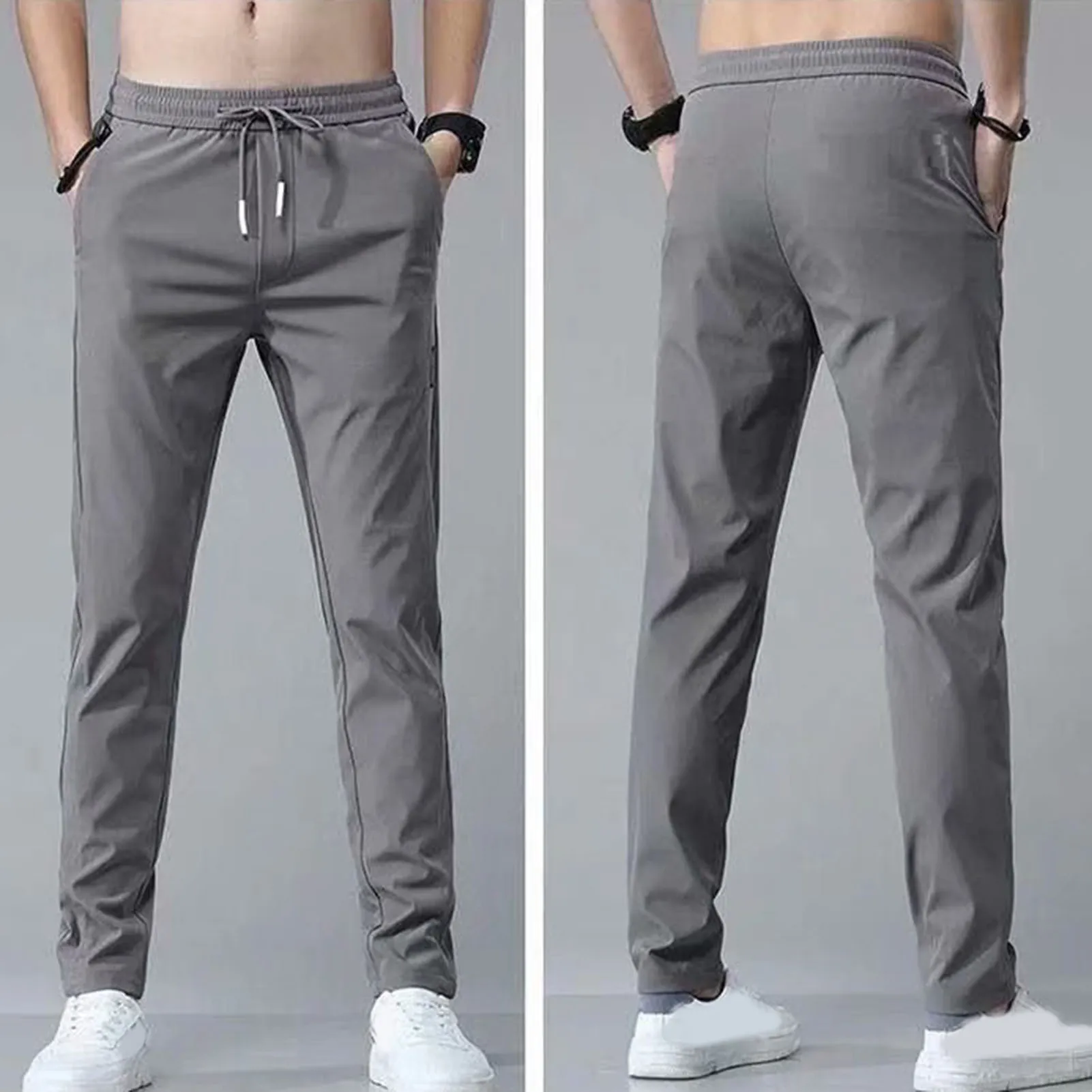 Top Trends: Spring Summer Men's Casual Pants Cotton Solid Color Slim Drawstring Elastic Waist Classic Khaki Grey Thin Jogging Trousers Male Shoppable Styles