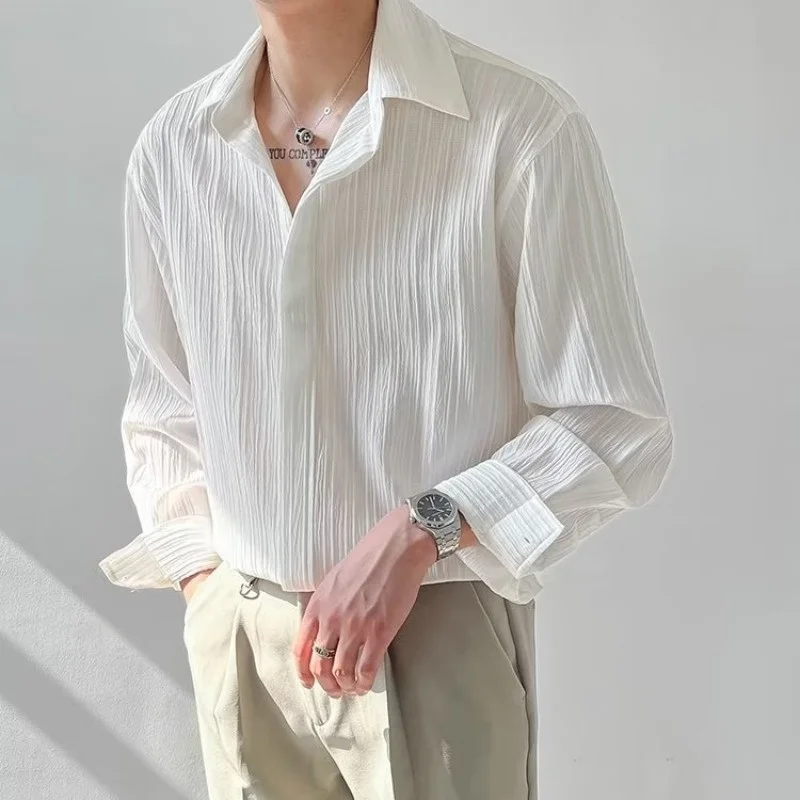 Top Trends: Black Apricot White Long-sleeved Shirt Men Fashion Social Mens Dress Shirt Korean Loose Casual Pleated Shirts Mens Formal Shirt Shoppable Styles